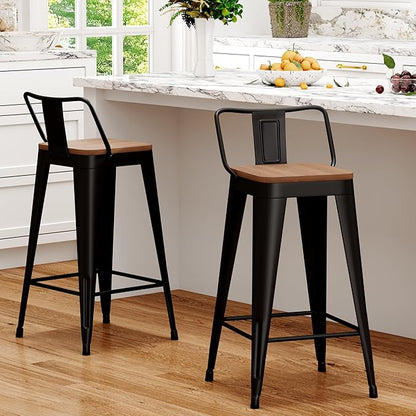 WENTMENT Metal Bar Stools Set of 2 Counter Height Barstools with Removable Back 26" Kitchen Bar Stools with Wooden Seat, Black