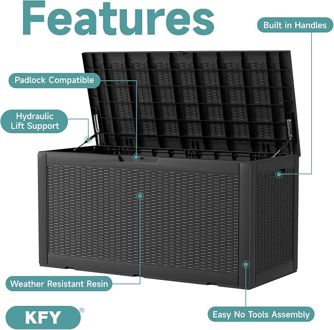 Outdoor Storage Box, 100 Gallon Black Resin, Waterproof and Lockable