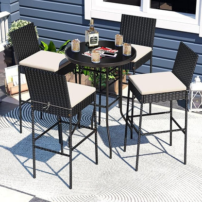 HAPPYGRILL Wicker Patio Barstools Set of 2, Outdoor Rattan Bar Chairs with Footrest & Backrest, Armless High Top Chairs with Seat Cushions for Backyard, Balcony