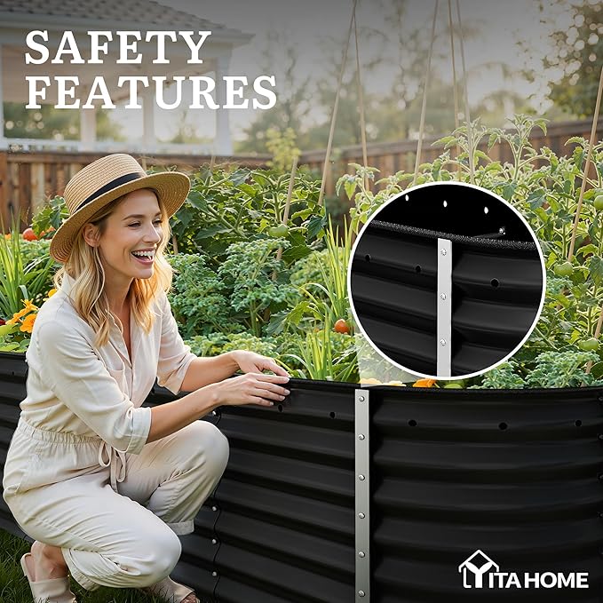 YITAHOME 24" Tall 9 in 1 Raised Garden Bed Kit,96x24 in Large Galvanized Metal Planter Box with Gloves, Safety Rubber & Support Rod, Outdoor Flower Bed for Plants Vegetables Flowers, Black