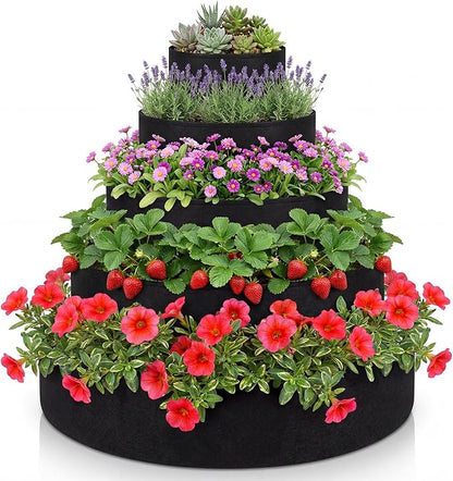 5 Tiered Strawberry Planter for Outdoor Plants, 39 Inch Heavy Duty Strawberry Tower Planter Grow Bags, Breathable Non Woven Fabric Raised Garden Bed for Vegetables Flower Herbs Gardening