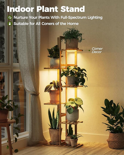Bamworld Bamboo Plant Stand with Grow Light 6 Tiered Plant Shelf Indoor Outdoor Corner Plant Rack for Multiple Plants Flower Stand Plant Holder for Living Room Bedroom Balcony Patio Garden 48 Inch Natural