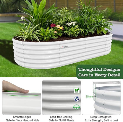 A ANLEOLIFE 8X4X1.5 ft Galvanized Raised Garden Beds Outdoor, Oval Large Metal Planter Box for Planting Vegetables Flowers Herb, Anti-Rust & Easy-Setup, Antique White