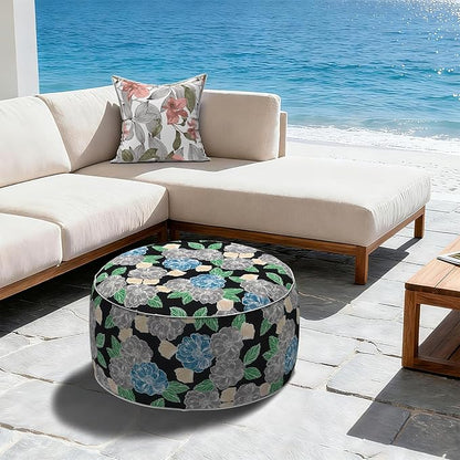 LVTXIII Outdoor Inflatable Ottoman, Fade-Resistant Round Footrest Stool D31”x H14”, Portable Patio Pouf for Garden Camping or Home Use, Peony Garden