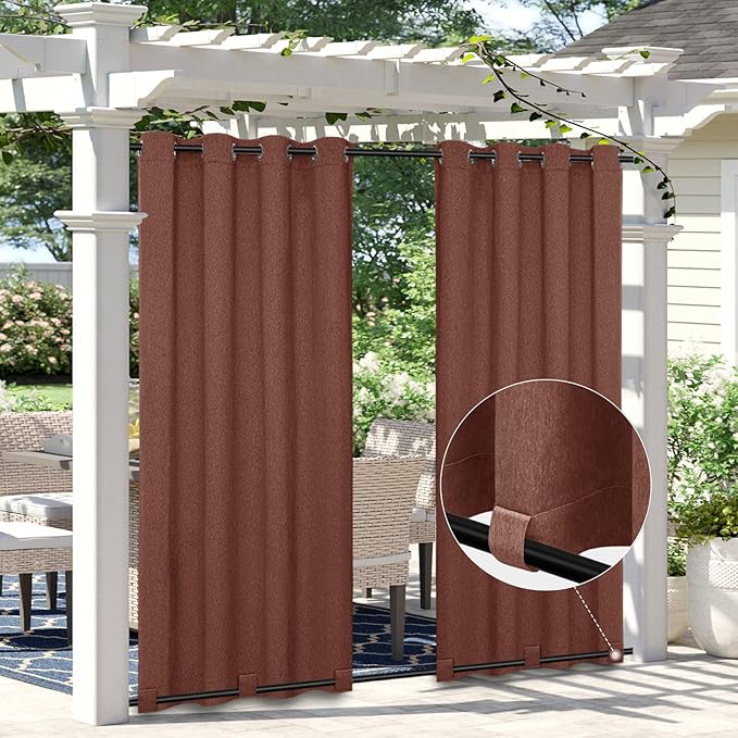 Easy-Going Linen Look Outdoor Curtains Waterproof Windproof Porch Curtains, Soft Thicken Outdoor Privacy Curtains for Patio, Gazebo, Grommet Top and Tab Bottom Drape, 1 Panel, 110x120 inch, Terra Red