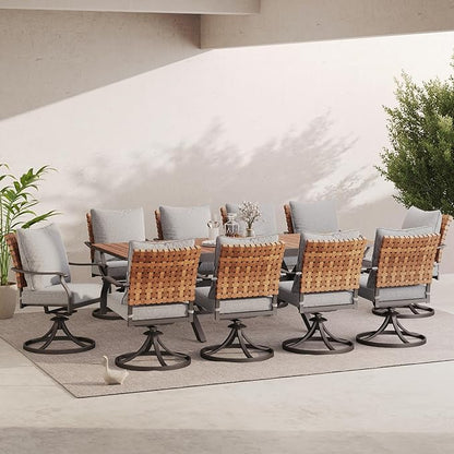 Grand patio 11-Piece Outdoor Dining Set, 10 Leather-Look Wicker Swivel Patio Chairs & 1 Extendable Rectangular Dining Table, Brown