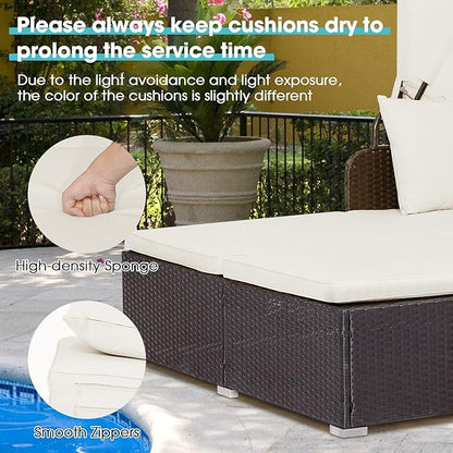 ORALNER Outdoor Daybed, 2-Person Wicker Patio Sofa with Retractable Canopy, Cushions & Pillows, 2 Side Trays, PE Rattan Double Sunbed Lounger for Deck Poolside Backyard Garden Balcony (Off-White)