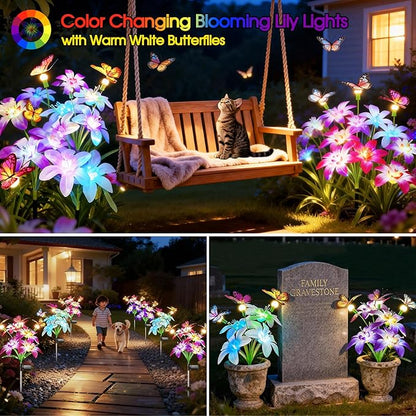 Garpar Solar Flowers Lights Outdoor Waterproof, Upgraded 8 Pack Solar Garden Lights with 32 Lily & 24 Butterflies, Bright Color Changing Outdoor Decor for Outside Yard Patio, Gift (8)