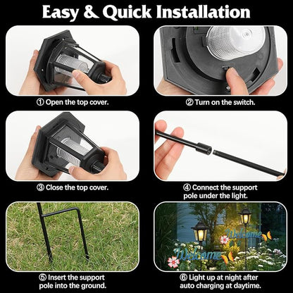 Lewondr Solar Garden Lights Butterfly, 36.6 Inch Solar Lamp Post Light with Welcome Sign & Butterflies, Outdoor Waterproof Solar Stake Lights for Yard Porch Patio Pathway Gardening Gifts, 2 Pack