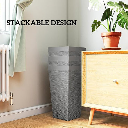 Outsunny 22.8 Inch Tall Planters for Outdoor Plants, Set of 3 Plastic Flower Pots with Stone Finish and Wheels, Stackable Tapered Planters with Drainage Hole for Indoor Plants, Front Porch, Gray