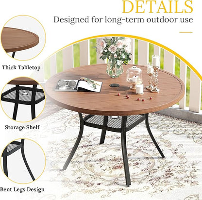 VICLLAX 47.2" Round Patio Table for 6, All Weather Metal Outdoor Dining Table with Adjustable Umbrella Hole, Walnut Wood-Like Tabletop
