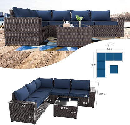 Kullavik 6PCS Outdoor Patio Furniture Set PE Wicker Rattan Sectional Sofa Patio Conversation Sets,Navy Blue
