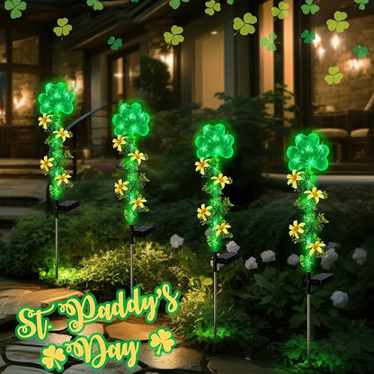 ST Patrick's Day Decorations Outdoor,2 Pack Shamrock Solar Lights Outdoor,Solar Powered Green Fairy Lights Holiday Decorations for Yard,Lawn,Garden Stkae