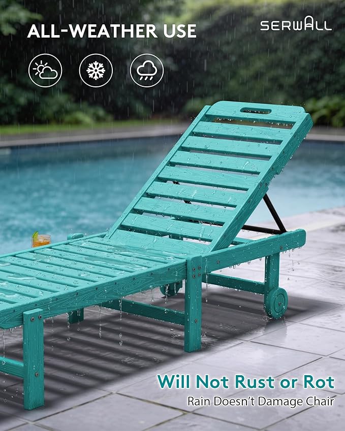 SERWALL Patio Chaise Lounge Chair, HDPE Outdoor Lounge Chair with Cup Holder, 5 Positions Adjustable Poly Lounger with Rolling Wheels for Poolside, Deck, Sunbathing, Aruba