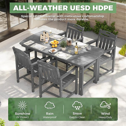 HDPE Outdoor Patio Dining Set with Table & 4 Chairs, All-Weather 5-Piece Outdoor Table and Chairs, 2" Umbrella Hole, Patio Furniture for Garden, Backyard, Deck | Grey