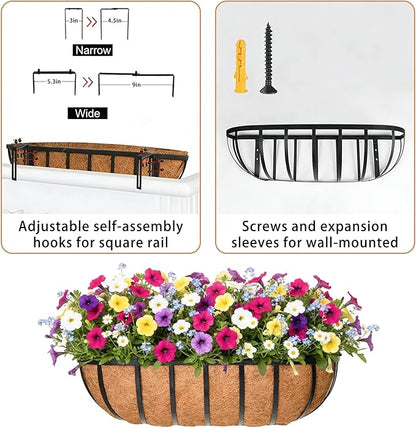 36'' Window Box Railing Planter with Coco Liner,2 Pack Horse Trough Planters Black Metal Hanging Flower Planters Basket for Porch Fence Patio Indoor Outdoor Lawn