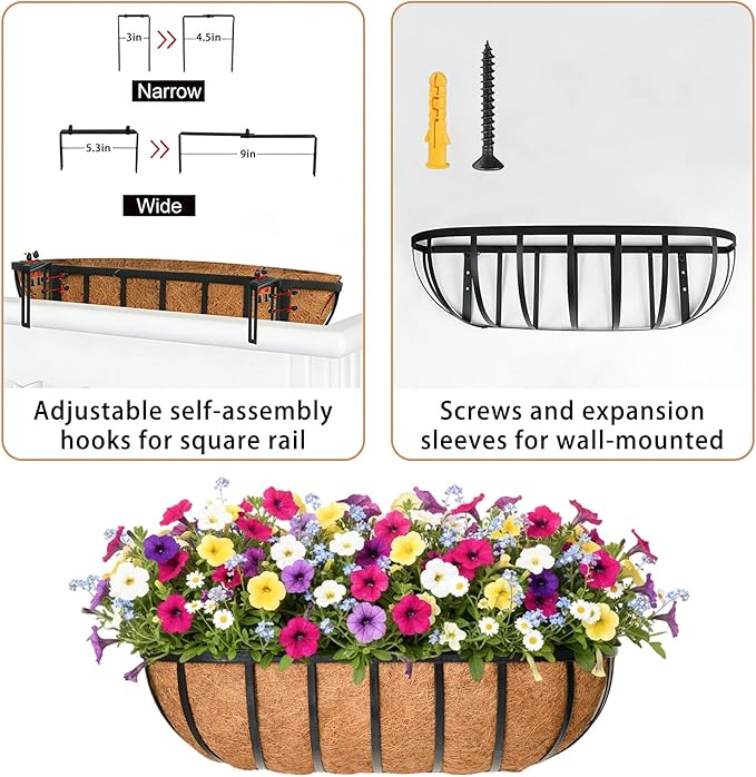 16'' Window Box Railing Planter with Coco Liner,2 Pack Horse Trough Planters Black Metal Hanging Flower Planters Basket for Porch Fence Patio Indoor Outdoor Lawn