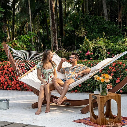 Lazy Daze Hammocks 12 FT Double Quilted Fabric Hammock with Spreader Bar and Detachable Pillow, 2 Person Hammock for Outdoor Patio Backyard Poolside, 450lbs Weight Capacity, Natural