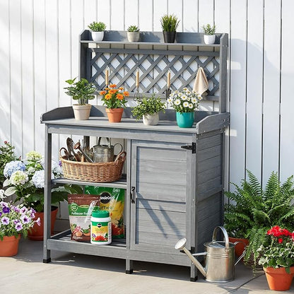 VEVOR Potting Bench Table, Outdoor Gardening Wooden Workstation with Storage Cabinet, Storage Shelves, 43 x 18 in Wood Tabletop, Garden Planting Work Station for Patio, Backyard, Balcony, Gray