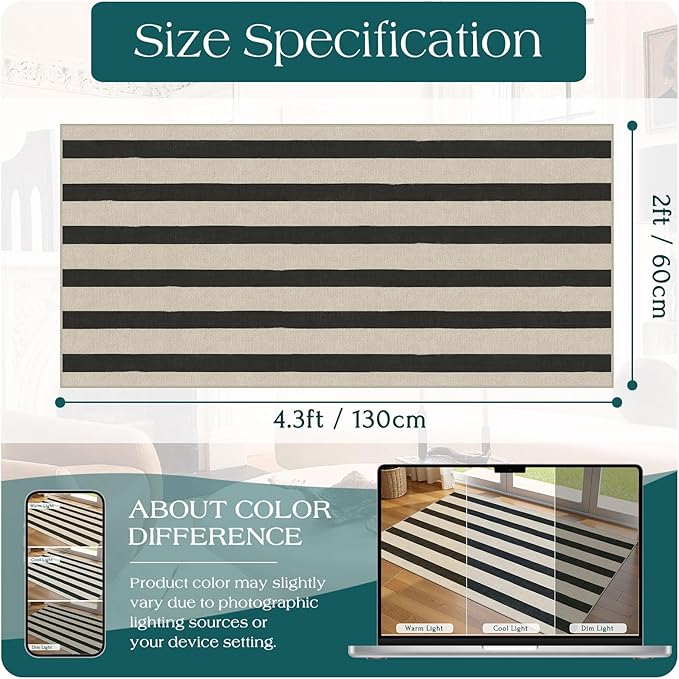 Outdoor Rug Door Mat, Black and White Stripe, 2 x 4.3 ft