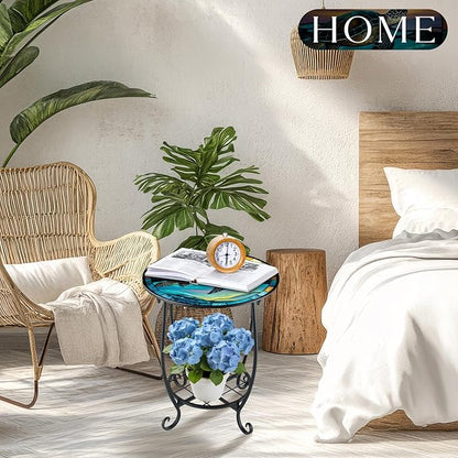 Outdoor Side Table Round Small Mosaic Patio Accent Indoor End Plant Coffee Tea Table for Yard Patio Porch Garden Living Room, Bedroom(Turtle Style,12 Inch)