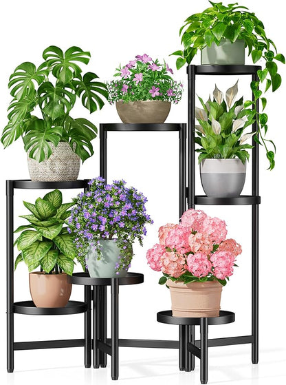 7 Tiered Metal Corner Plant Stand Indoor Outdoor, Tall Large Folding Rack with Rust Proof 7.9 Inch Wide Tray, Heavy Duty Flower Shelf for Multiple Plants for Patio - BlackDisk