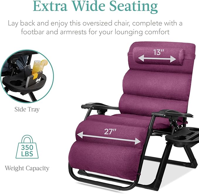 Recliner Chair, Extra-Wide Folding Zero Gravity Patio Lounger, Purple