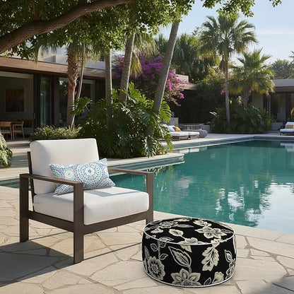 LVTXIII Indoor/Outdoor Inflatable Ottoman with Handle D21 x H9 Inch, Weather-Resistant Round Footstool Pouf for Patio Camping Living Room, Portable Footrest Extra Seating, Elegant Vines Black