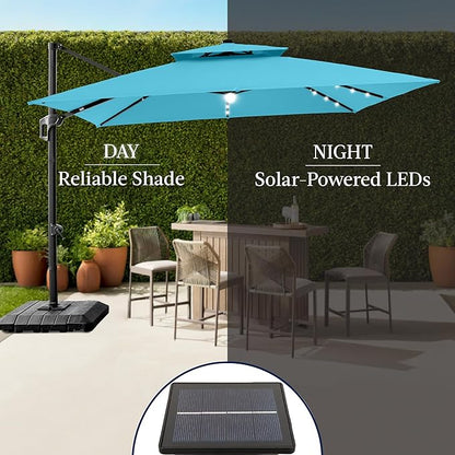 Best Choice Products 9x12ft LED Cantilever Patio Umbrella w/Base Included & 360° Rotation, Large Solar Offset Hanging Outdoor Sun Shade for Deck, Backyard Table w/Stand & Lights – Sky Blue