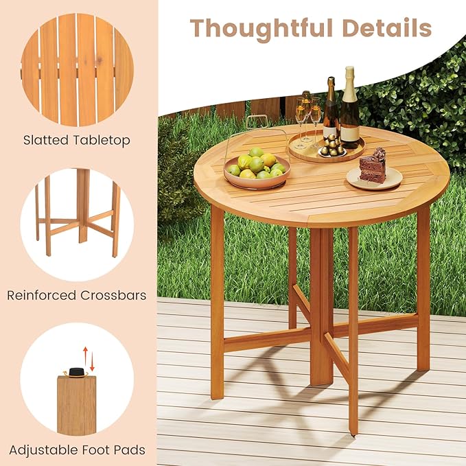 Tangkula 36 Inches Outdoor Folding Round Dining Table, No Assembly Patio Acacia Wood Bistro Table with Slatted Tabletop, 4-Person Outside Dining Furniture for Backyard, Porch, Balcony