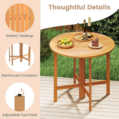 Tangkula 36 Inches Outdoor Folding Round Dining Table, No Assembly Patio Acacia Wood Bistro Table with Slatted Tabletop, 4-Person Outside Dining Furniture for Backyard, Porch, Balcony