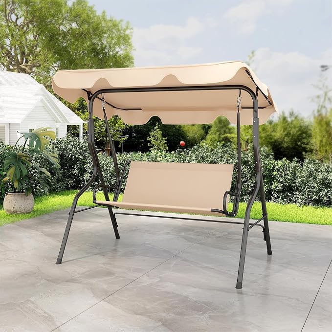 Porch Swing, 3-Person Beige Patio Swing with Adjustable Canopy
