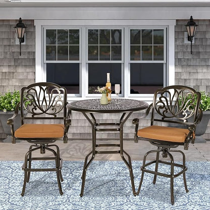 VIVIJASON 3-Piece Patio Swivel Bar Stools Set, All Weather Cast Aluminum Outdoor Bar Height Bistro Set with 2 Cushioned Bar Chairs & 35.4" High Bar Table w/Umbrella Hole for Backyard, Lawn, Garden