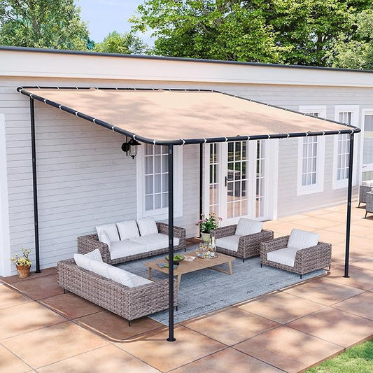 Aoxun 10x12 Lean to Gazebo Outdoor Pergola with Water Resistant & UV-Resistant, Wall-Mounted Canopy Sloped Roof Awning for Patio Backyard, Deck, or Garden Khaki