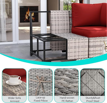 11-Piece Outdoor Patio Furniture Set with Rocking Swivel Chair Wicker Sectional Sofa Set, Patio Conversation Set with Ottomans & Coffee Table for Garden, Backyard, Poolside, Red
