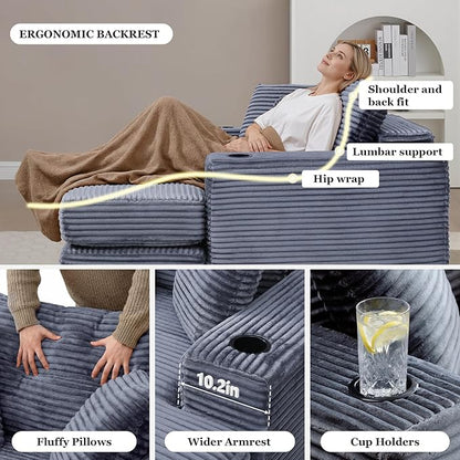 HANXIN 62" Chaise Lounge Chair Indoor, Oversized Corduroy Boneless Convertible Chaise Lounge Couch Sleeper Chair with Ottoman, Deep Seat Reading Chair, No Assembly Required (Grey)
