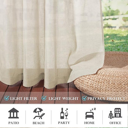 RYB HOME 2 Panels Outdoor Sheer Curtains for Patio Waterproof - Natural Linen Privacy Added Light Filtering Drapes with Tie Ropes for Gazabo Porch Pergoa Balcony, 52 X 84 Inches, Beige