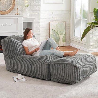 Hobestluk Big Bean Bag Lounger Chairs Large Beanbag Chair for Adults Bean Bag Sofa with Memory Foam Filled for Living Room, Bedroom or Balcony (Stripe Grey)