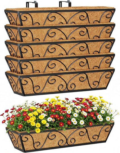Y&M 24 Inch Window Deck with Coco Liner, Fence Metal Hanging Flower Planter Window Basket Deck Railing Planter Boxes for Outdoor Garden Lawn-Butterfly, 6pcs
