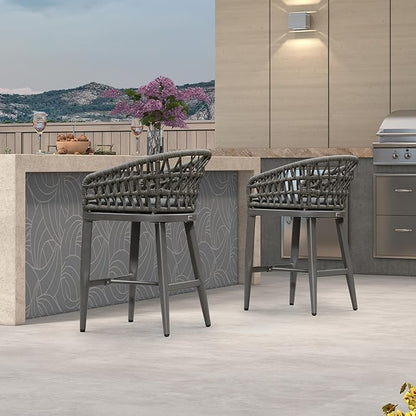 PURPLE LEAF Outdoor Rattan 24" Counter Height Bar Stools Chair Set of 2, Modern Patio Wicker Barstool with Backrest for Indoor and Outdoor, Kitchen Island, Smoke Grey