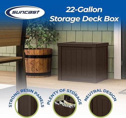 Suncast Small Outdoor Storage Box - 22 Gallon Java Resin Outdoor Deck Box, Flat-Lid Bench Seating, Patio Storage Bin Container for Organizing Tools, Cushions for Porch, Deck, Pool, & Garden