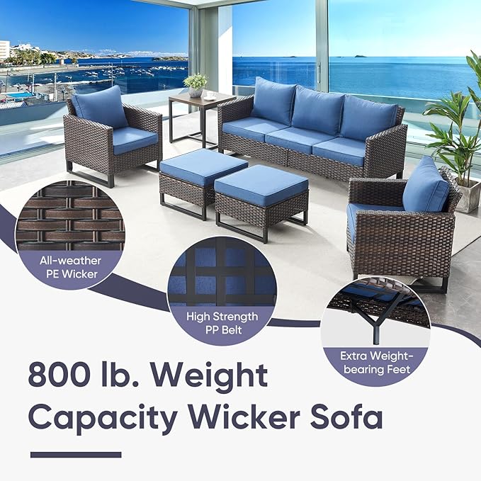 Belord 6 Piece Outdoor Furniture Patio Wicker Sofa Set, Oversize Outdoor Swivel Rocker Chairs with Rattan Ottomans, Conversation Sets Patio Furniture Come with Removable Washable Cushion Blue, Brown