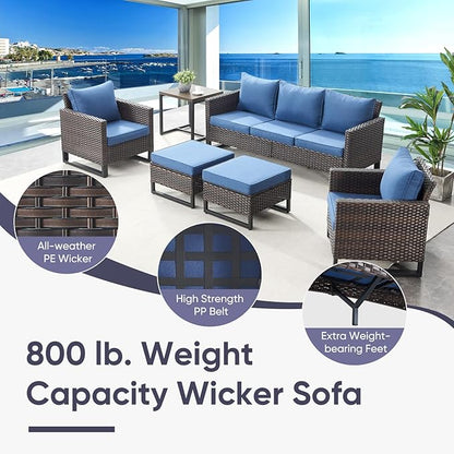 Belord 6 Piece Outdoor Furniture Patio Wicker Sofa Set, Oversize Outdoor Swivel Rocker Chairs with Rattan Ottomans, Conversation Sets Patio Furniture Come with Removable Washable Cushion Blue, Brown