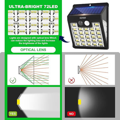 Solar Lights Outdoor, 72 LED Motion Sensor Wall Light, IP65 Waterproof and 3 Lighting Modes, Solar Powered Security Wireless Light Outside for Patio, Garden, Fence, Porch, Front Door(2 Packs)