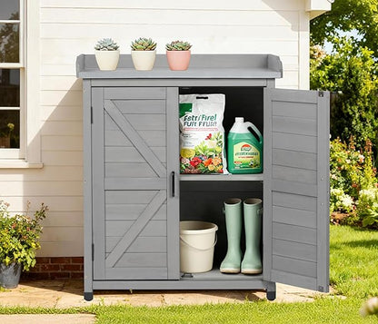 Outdoor Potting Bench with Storage Cabinet and Metal Top, Wood Workstation for Outdoor Patio, Garden (Classic Grey, 31.5x17x39‘’)