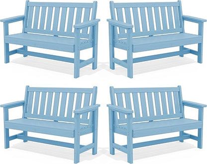 SERWALL Outdoor Bench, HDPE Outdoor Benches Weatherproof, 2-Person Garden Bench with 660 lbs Weight Capacity, Patio Benches for Outdoors, Garden, Porch, Backyard and Park, Light Blue, 4 Pack