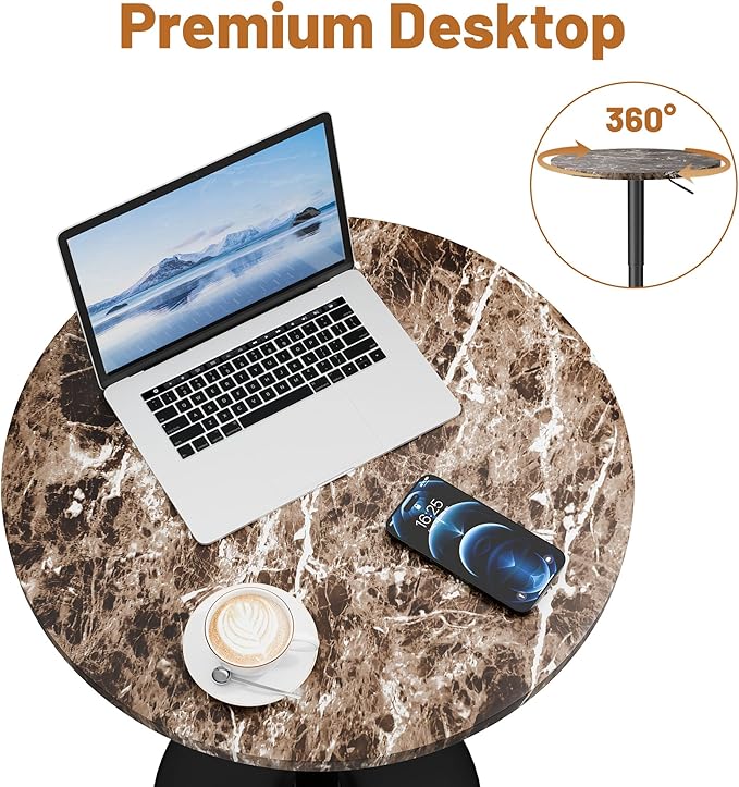 Flamaker Round Bistro Pub Table 23.6 Inch Height Adjustable 360° Swivel Bar Table Metal Base for Pub, Dining Room, Party (2, Marble-Black)