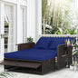 LDAILY Moccha Outdoor Daybed, Wicker Loveseat Sofa Set with 4-Postion Adjustable Backrest, Storage Ottoman, Cushions, Rattan Double Bed Lounger, Patio Furniture Set (Navy)