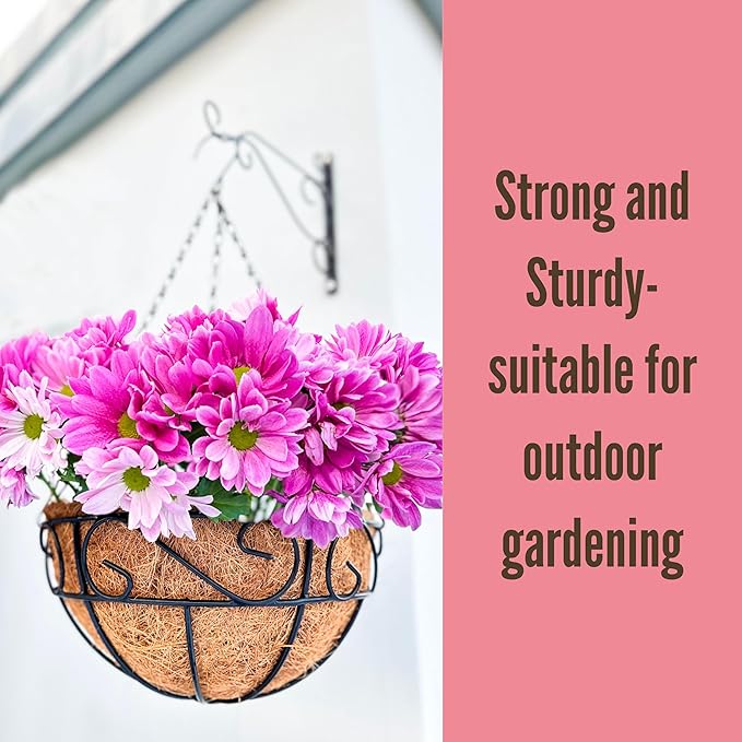 LaLaGreen Hanging Planter for Outdoor Plants (16 Inch, 4 Pack) Hanging Baskets with Coco Liner, Black Metal Wire Flower Basket Pots with Hook Hanger Balcony Porch Farmhouse Country Style Garden Decor