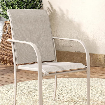 VICLLAX Large Patio Dining Furniture Set, Outdoor Dining Set for 10-60" Round Outdoor Table and Patio Stackable Chairs, Sandshell Color Tabletop and Fabric